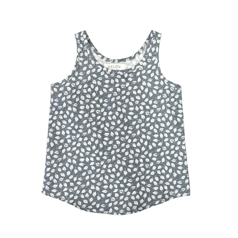 MELON Kids Girl Linen Top, Spruce Blue with prints