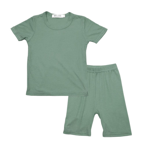 MELON Kids Boy and Girl Cotton Ribbed Loungewear Set, Olive Green