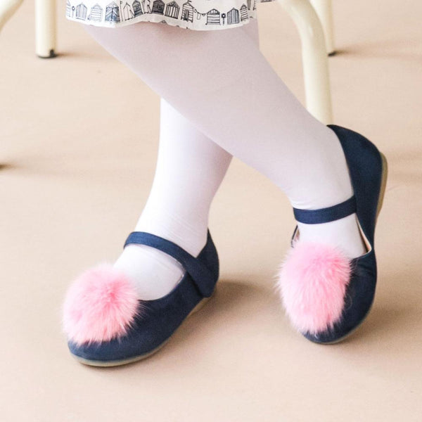 Kids Mary Jane Shoes, Navy blue with Pink Pom